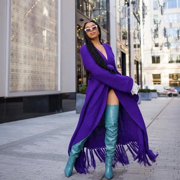 HANIFA MIYA KNIT CARDIGAN DRESS IN EGGPLANT /PLUM - Picture 3 of 11